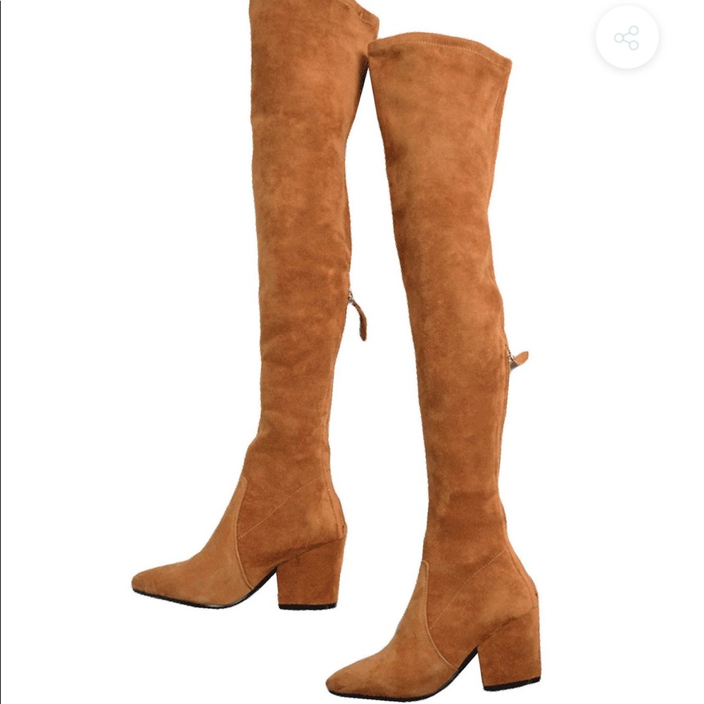 Goodnight Macaroon “Marlo” tan over the knee suede leather boots